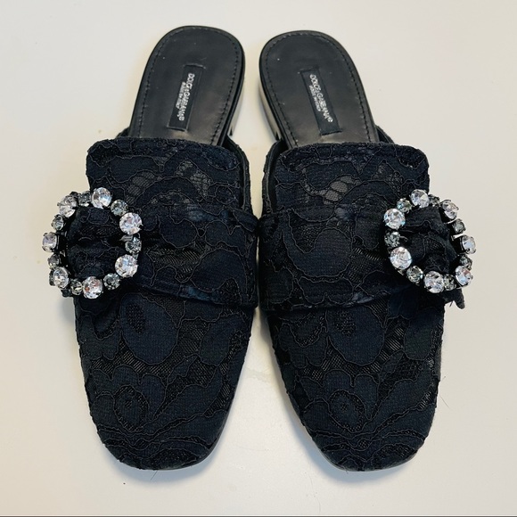 Dolce & Gabbana Shoes - Dolce & Gabbana Black Lace Jeweled Buckle Slip-On Mules
